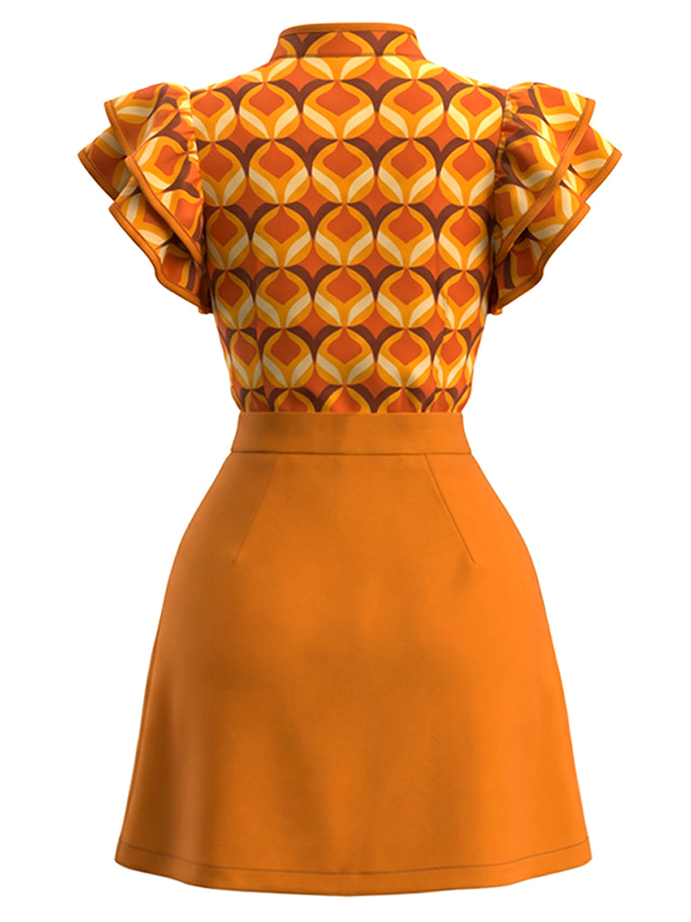 Orange 60er Kleid mit geometrischem Print und Rüschenärmeln