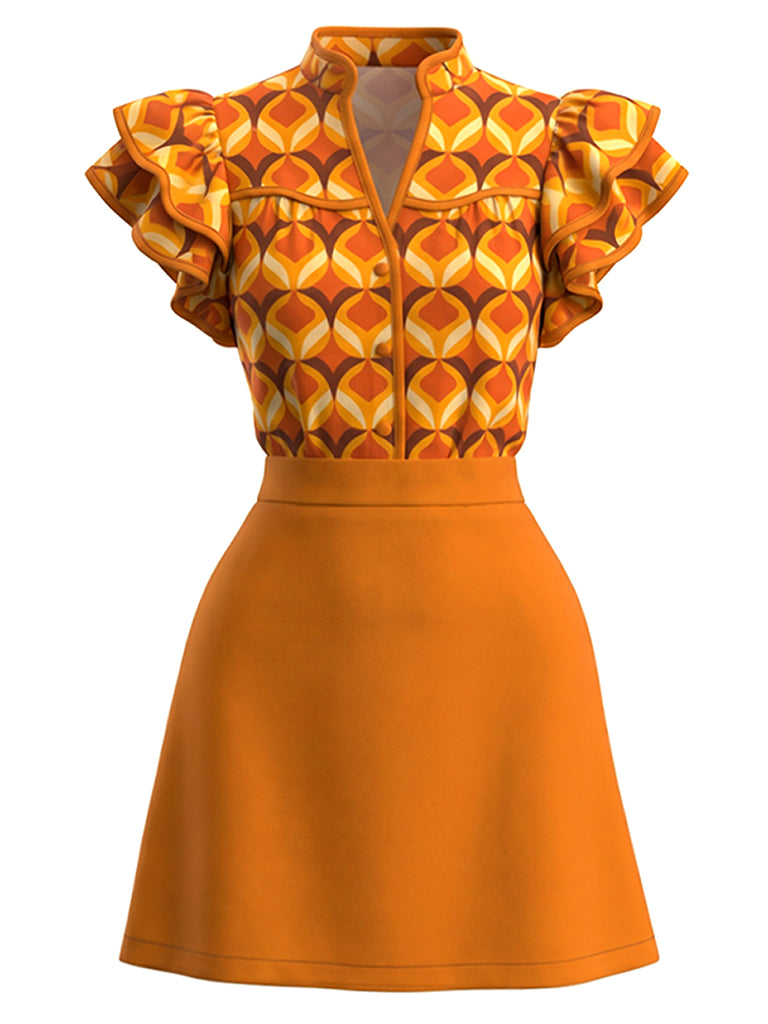 Orange 60er Kleid mit geometrischem Print und Rüschenärmeln