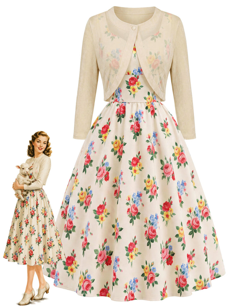 Cremefarbenes 40er Bolero & Kleid Set mit Blumen