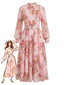 Rosa 40er Chiffonkleid mit Blumenmuster und langen Ärmeln