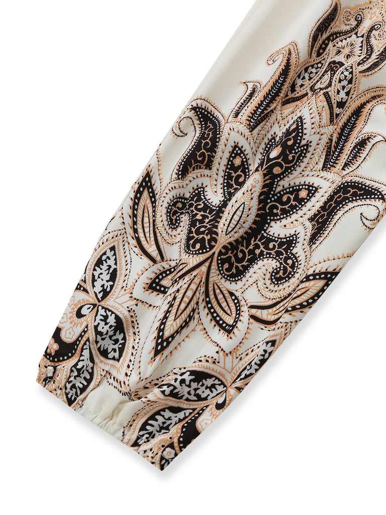 70er Boho Kleid mit V-Ausschnitt und Ballonärmel