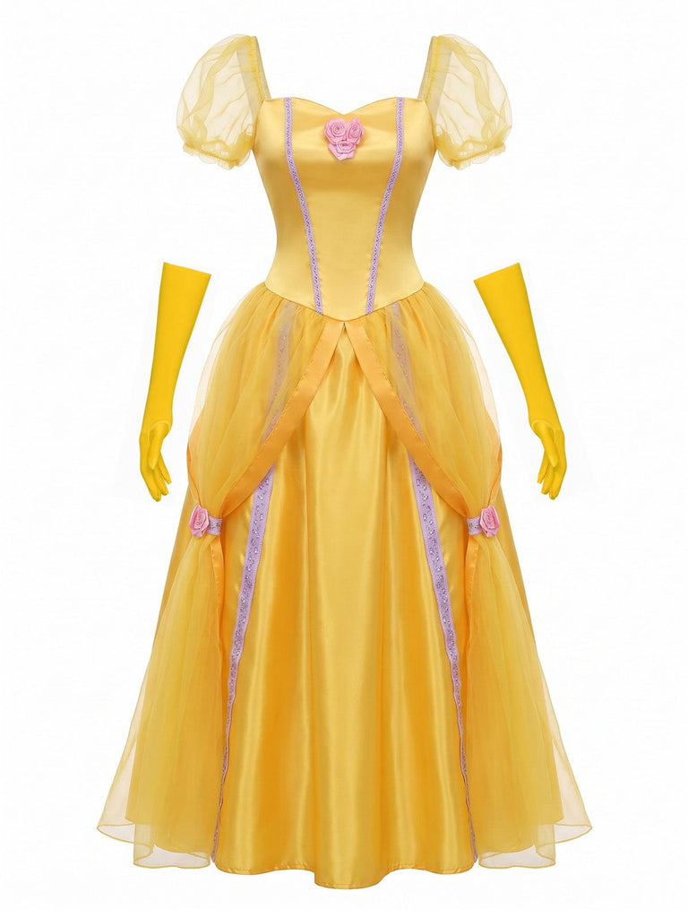 Gelbes & Rosa 70er Kleid mit Puffärmel und Schleife