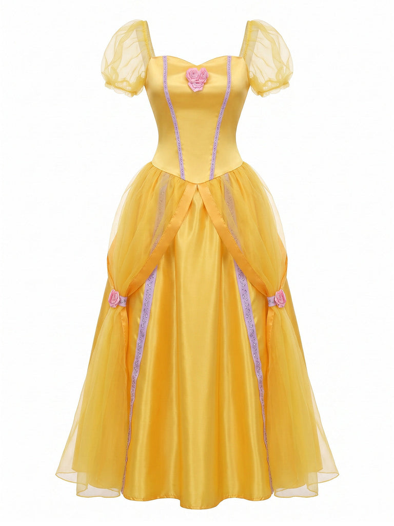Gelbes & Rosa 70er Kleid mit Puffärmel und Schleife