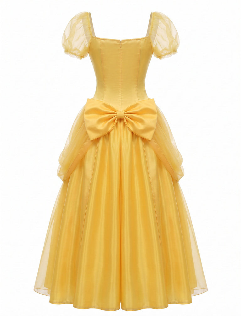 Gelbes & Rosa 70er Kleid mit Puffärmel und Schleife