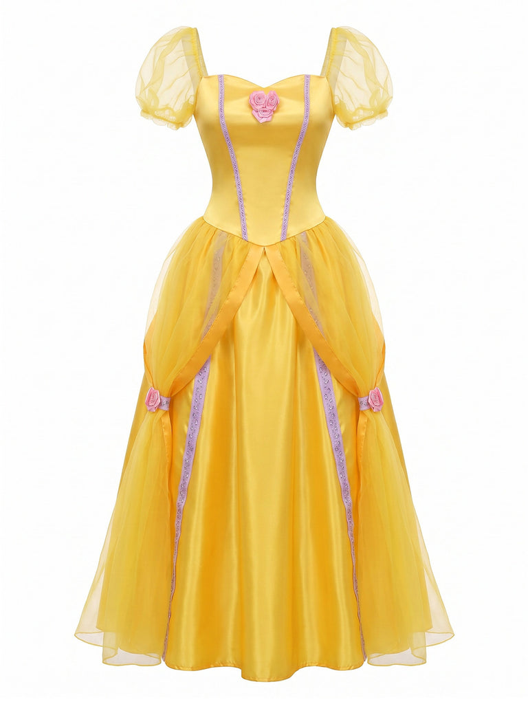 Gelbes 70er Prinzessinnen-Cosplaykleid mit Puffärmeln und Rosen-Detail