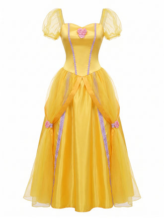 Gelbes 70er Prinzessinnen-Cosplaykleid mit Puffärmeln und Rosen-Detail