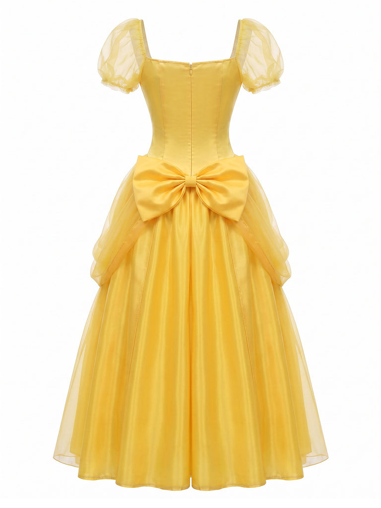 Gelbes 70er Prinzessinnen-Cosplaykleid mit Puffärmeln und Rosen-Detail
