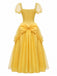 Gelbes 70er Prinzessinnen-Cosplaykleid mit Puffärmeln und Rosen-Detail