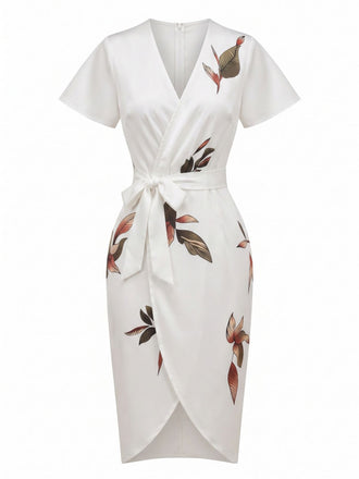 Weißes 60er Kleid mit Print und Wickel
