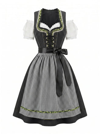 50er schulterfreies Baumwoll-Kleid mit Polka-Dots und Gingham