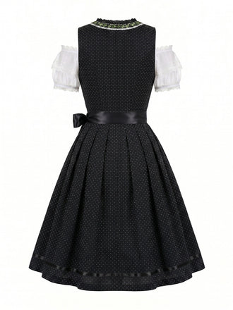 50er schulterfreies Baumwoll-Kleid mit Polka-Dots und Gingham