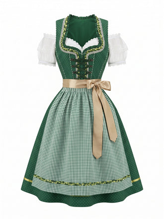 50er schulterfreies Baumwoll-Kleid mit Polka-Dots und Gingham