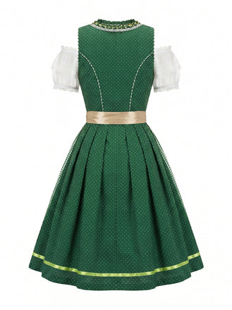 50er schulterfreies Baumwoll-Kleid mit Polka-Dots und Gingham