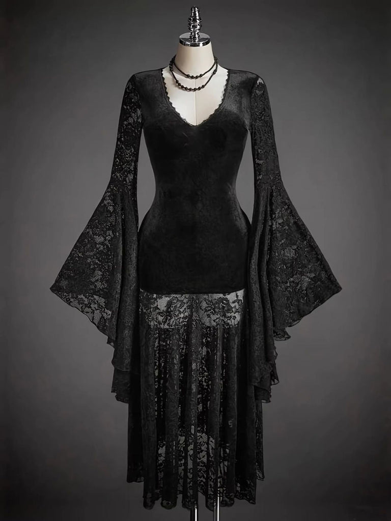 Schwarzes 80er Kleid mit V-Ausschnitt und Samt