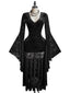 Schwarzes 80er Kleid aus Samt und Spitze mit Trompetenärmeln