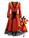 Orange 50er Samtkleid mit tiefem V-Ausschnitt und Spitzenbesatz