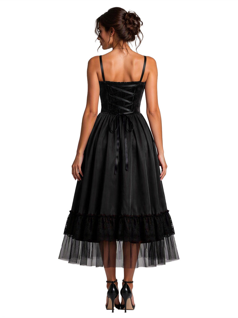 50er Gothic Kleid mit Spitzen-Tüll und Tunnelzug-Raffung