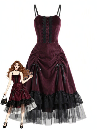 50er Gothic Kleid mit Spitzen-Tüll und Tunnelzug-Raffung