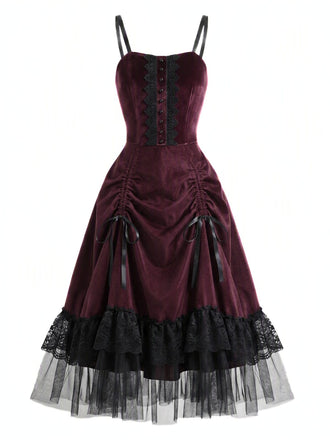 50er Gothic Kleid mit Spitzen-Tüll und Tunnelzug-Raffung