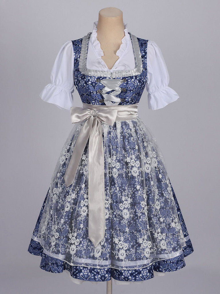 Dunkelblaues 50er Kleid mit Blumen und Puffärmel