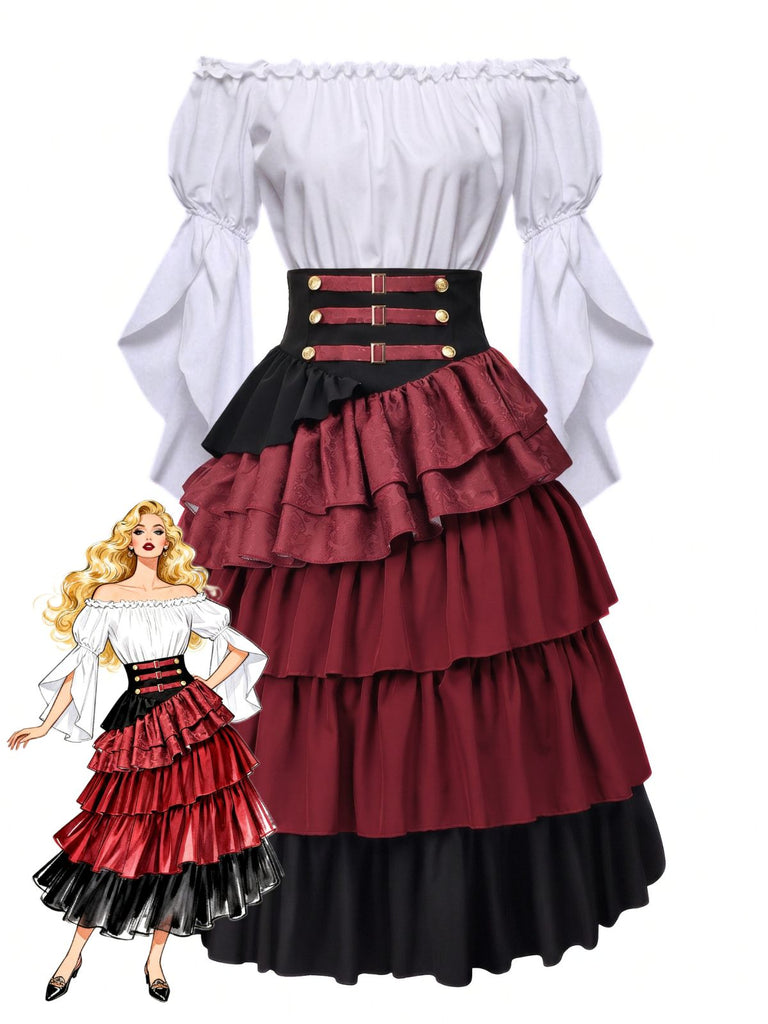 Weinrotes 50er Top & Rock Set mit Rüschen