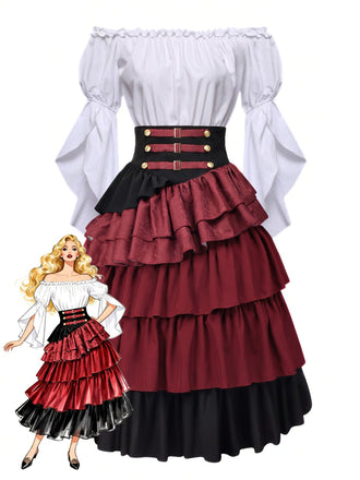 Weinrotes 50er Top & Rock Set mit Rüschen