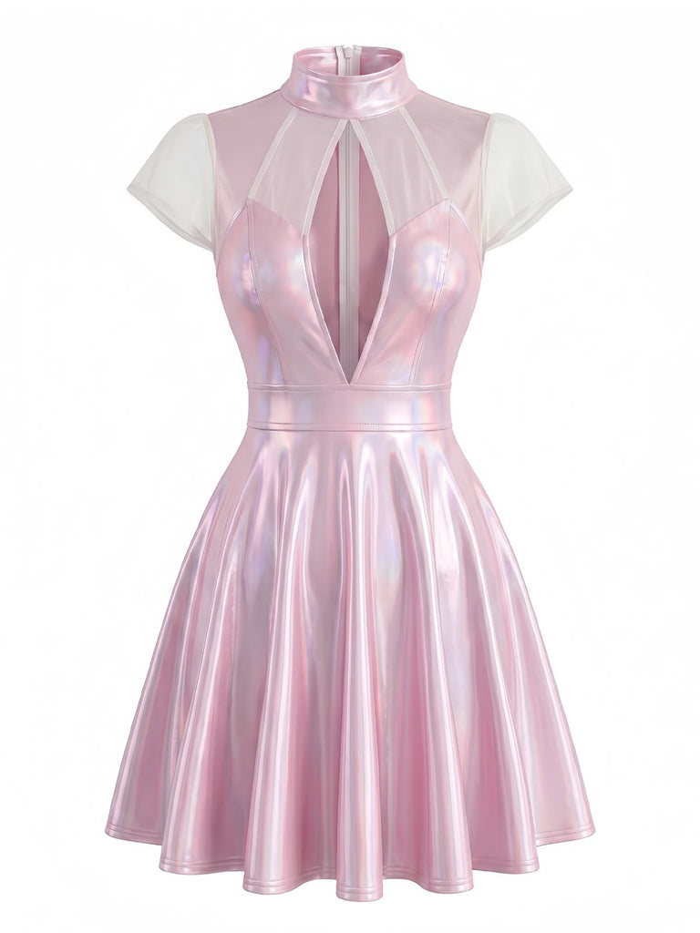 Rosa 60er Kleid mit Tiefer V-Ausschnitt und Patchwork