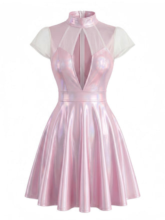 Rosa 60er Kleid mit Tiefer V-Ausschnitt und Patchwork