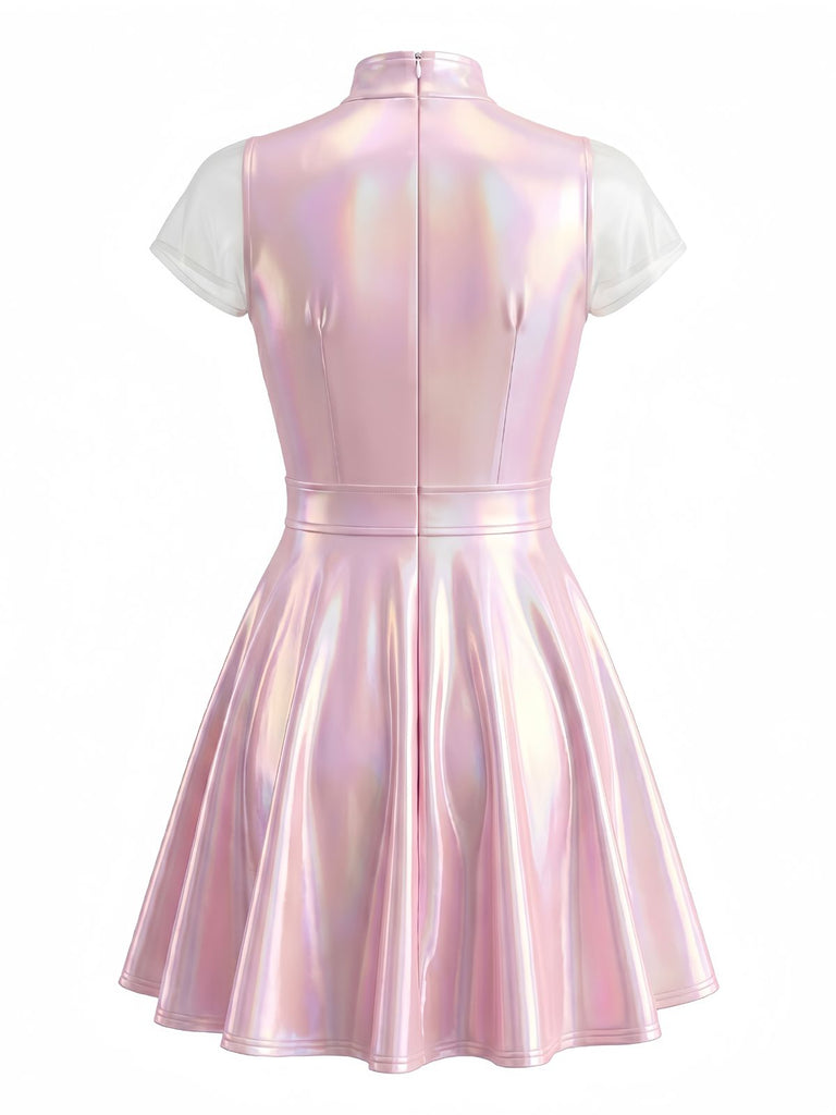 Rosa 60er Kleid mit Tiefer V-Ausschnitt und Patchwork