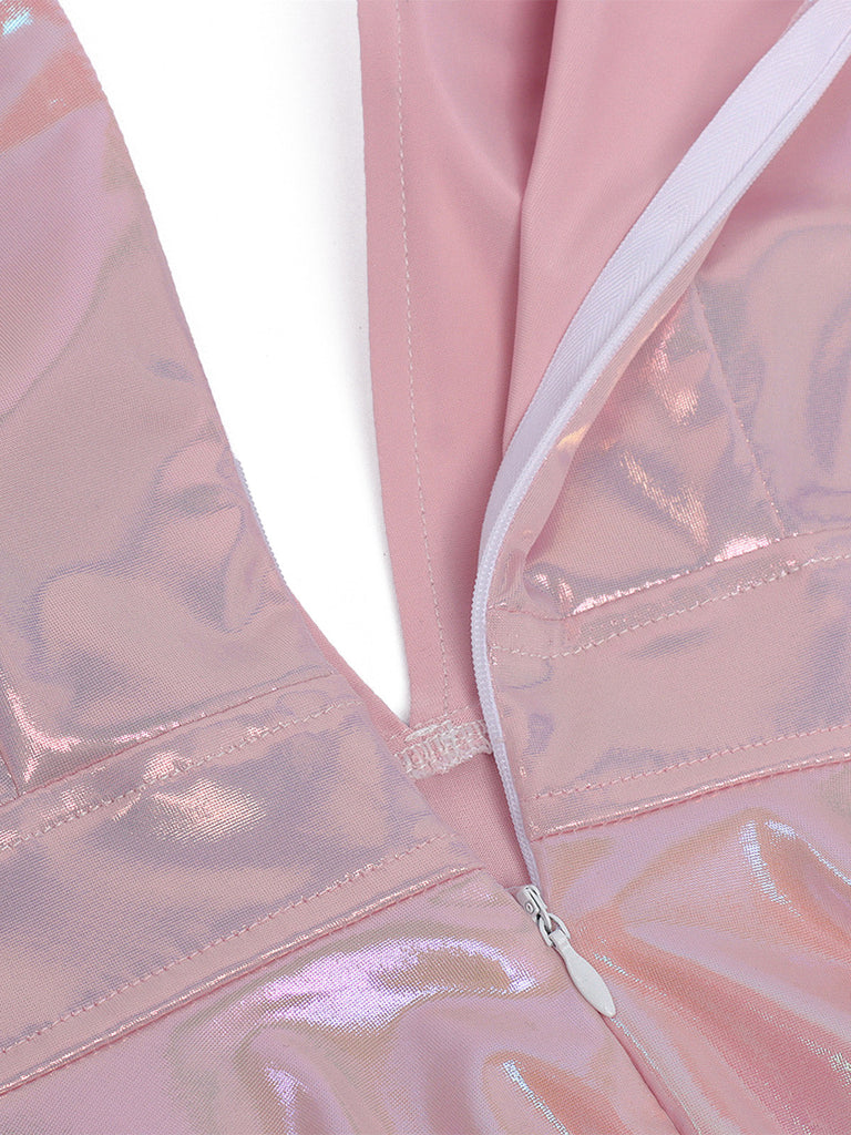Rosa 60er Kleid mit Tiefer V-Ausschnitt und Patchwork