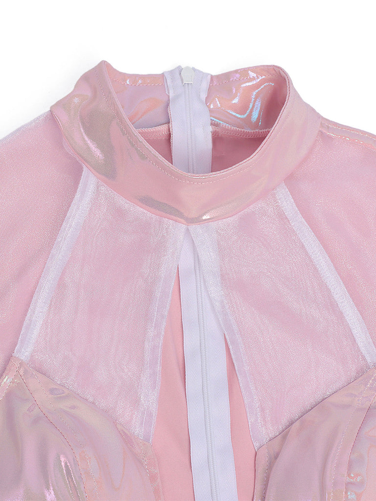 Rosa 60er Kleid mit Tiefer V-Ausschnitt und Patchwork