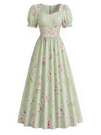 30er Cottagecore Kleid mit Rosen und Puffärmel