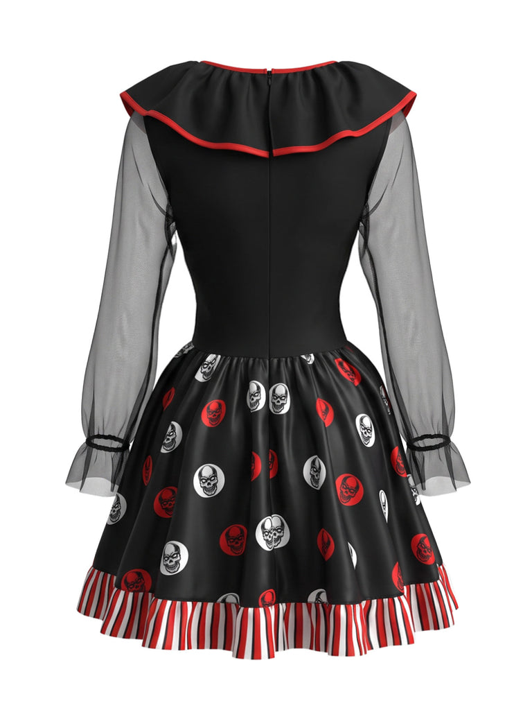 Schwarzes 50er Halloween-Kostümkleid mit Totenkopf-Print und Streifen
