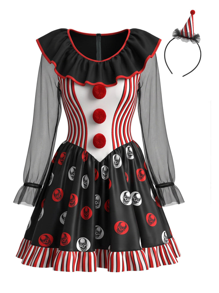 Schwarzes 50er Halloween-Kostümkleid mit Totenkopf-Print und Streifen