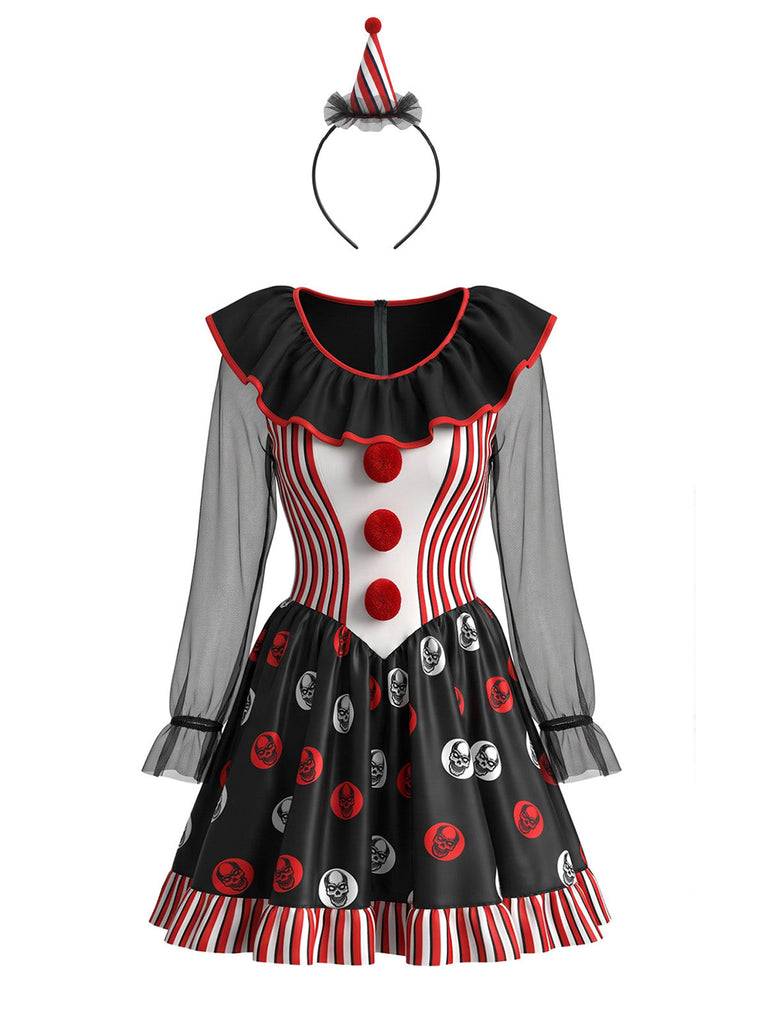 Schwarzes 50er Halloween-Kostümkleid mit Totenkopf-Print und Streifen