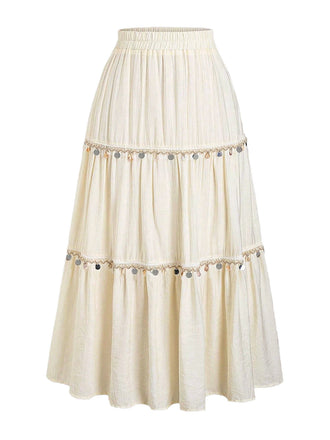 Beiger 70er Boho Stufenrock mit Pailletten