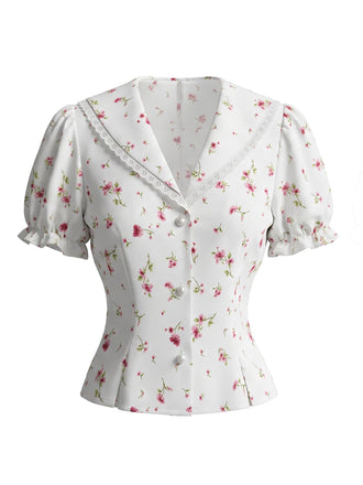 Weiße 40er Bluse mit Spitze und Perlenknöpfen