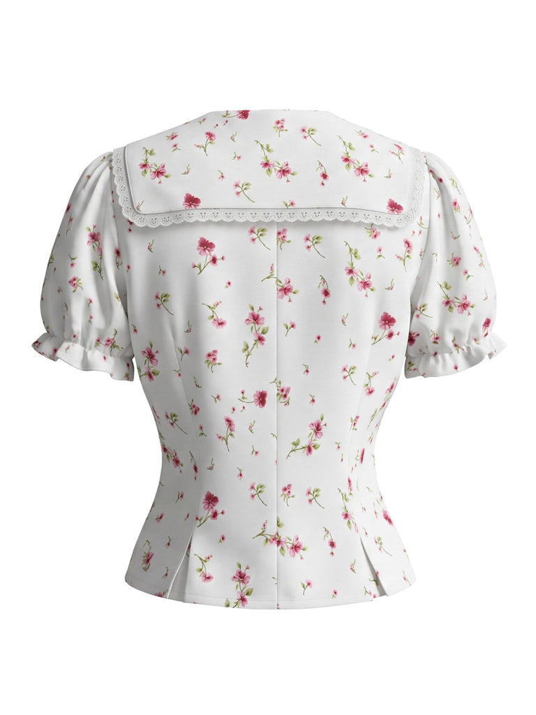 Weiße 40er Bluse mit Spitze und Perlenknöpfen