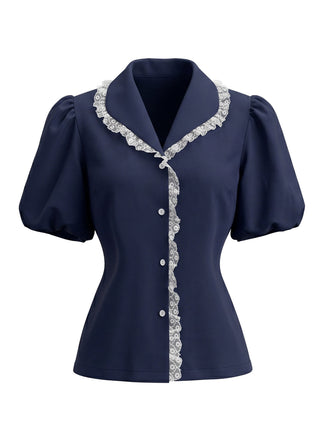 Marineblaue 50er Bluse mit Peter-Pan-Kragen und Puffärmel