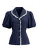 Marineblaue 50er Bluse mit Peter-Pan-Kragen und Puffärmel