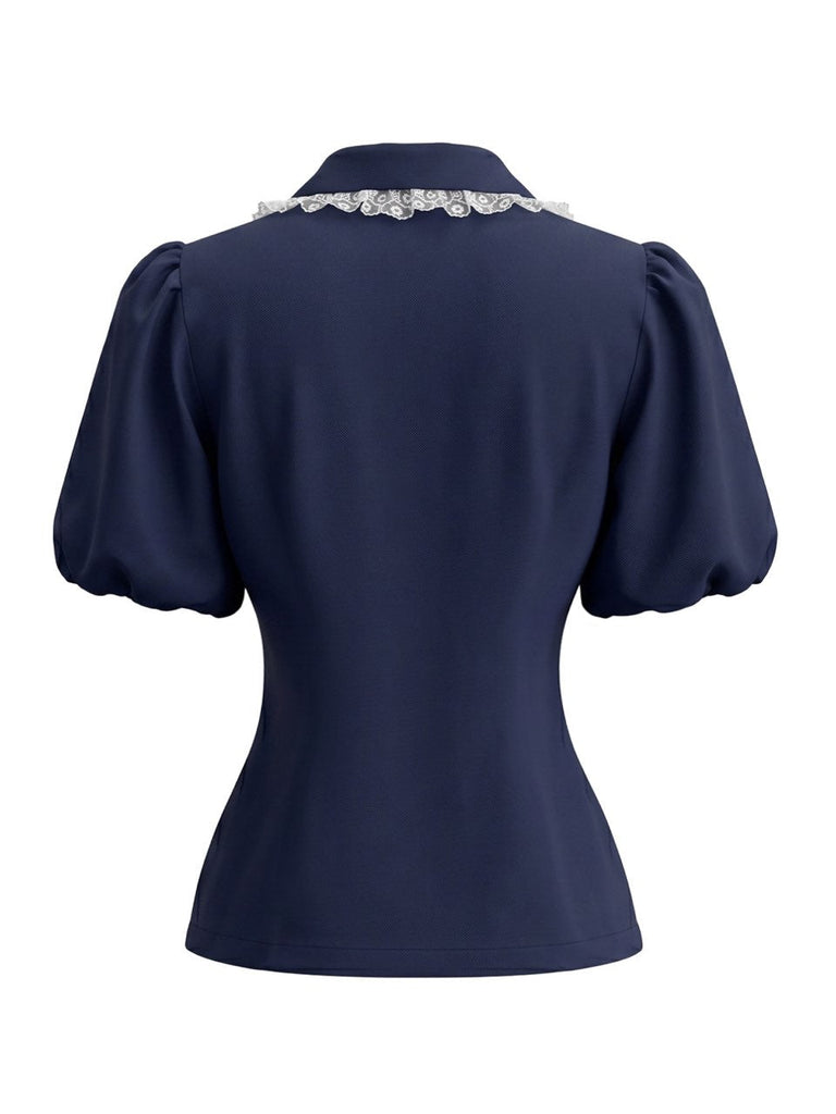 Marineblaue 50er Bluse mit Peter-Pan-Kragen und Puffärmel