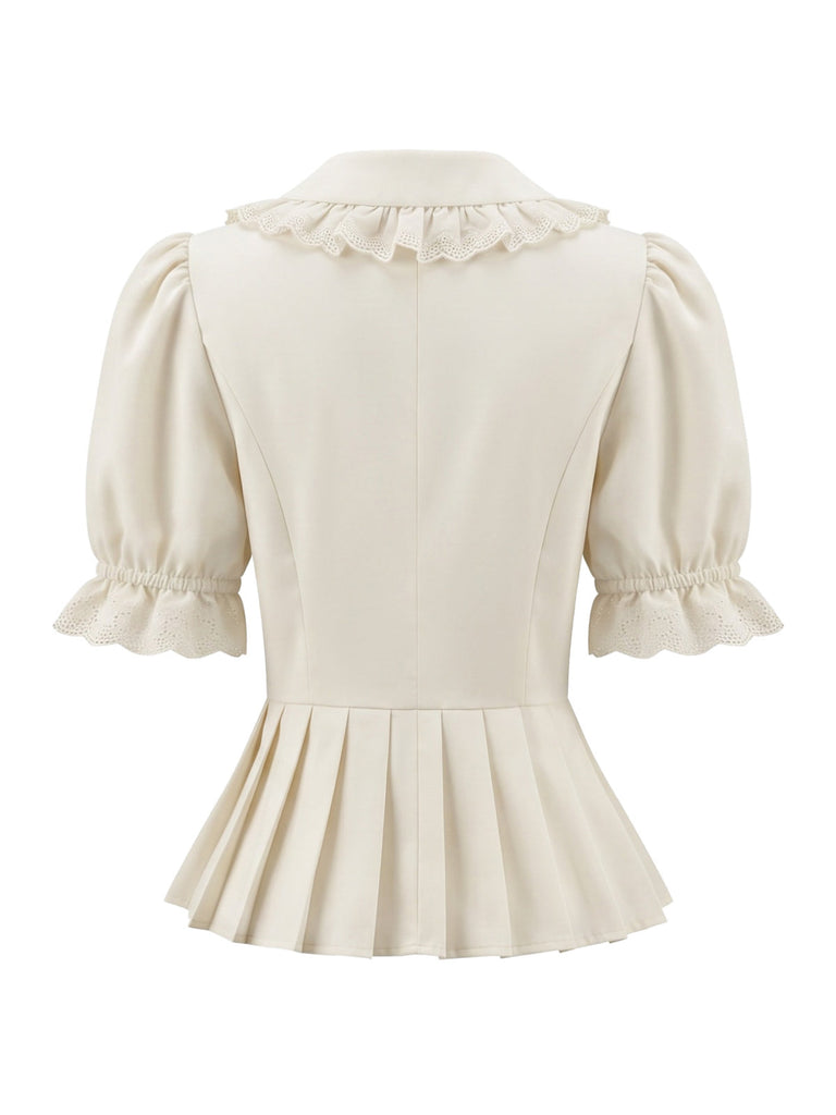 Beige 70er Bluse mit Peter-Pan-Kragen und Puffärmel