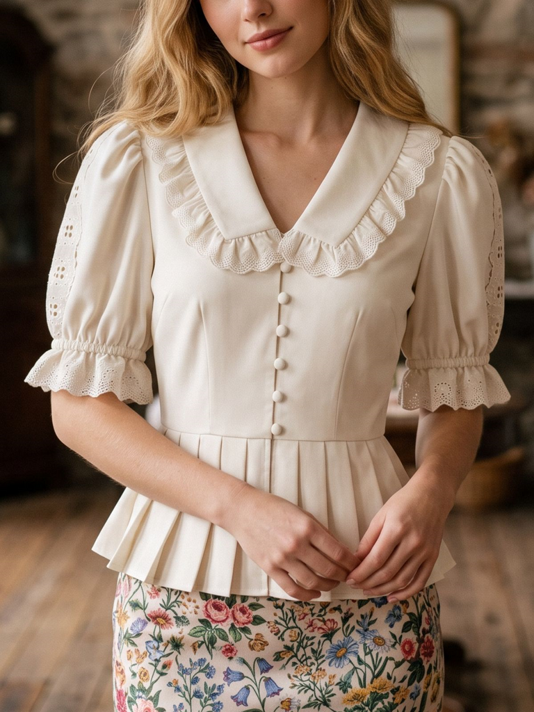 Beige 70er Bluse mit Peter-Pan-Kragen und Puffärmel