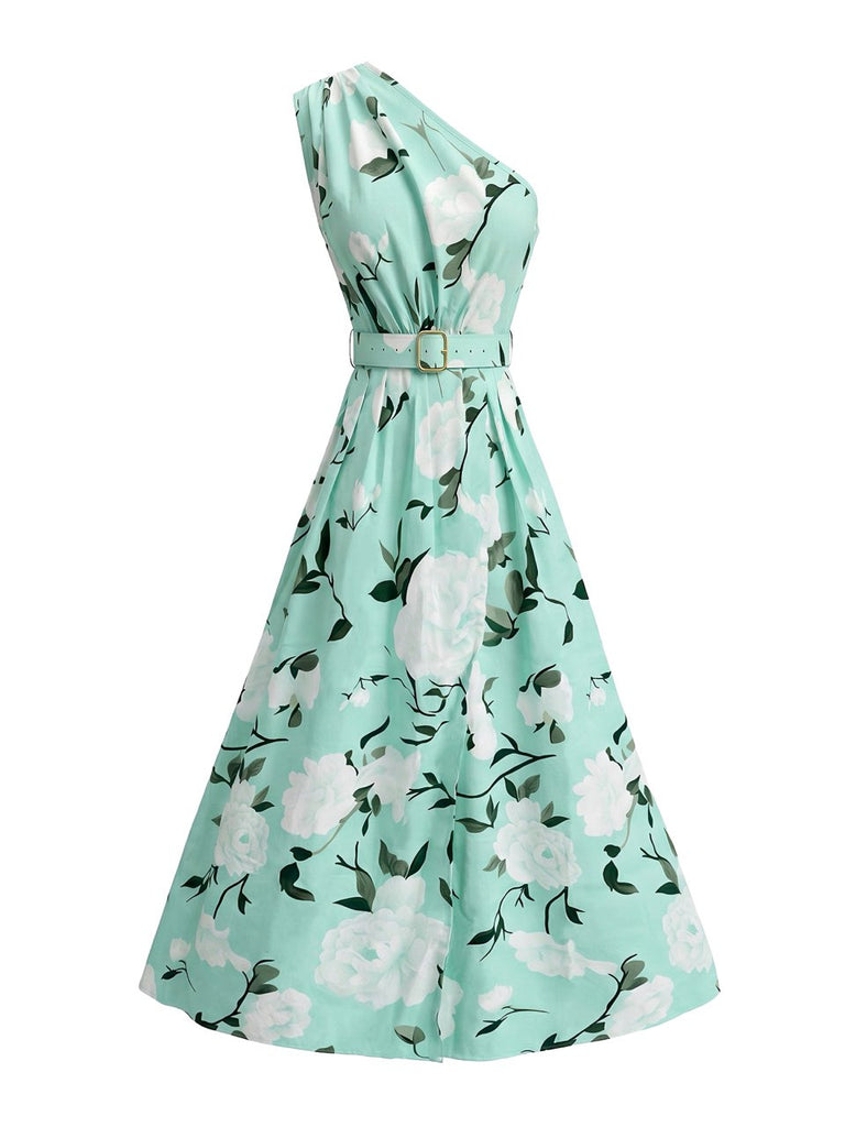 Grünes 50er Ärmelloses Kleid mit One-Shoulder und Blumen