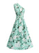 Grünes 50er Ärmelloses Kleid mit One-Shoulder und Blumen