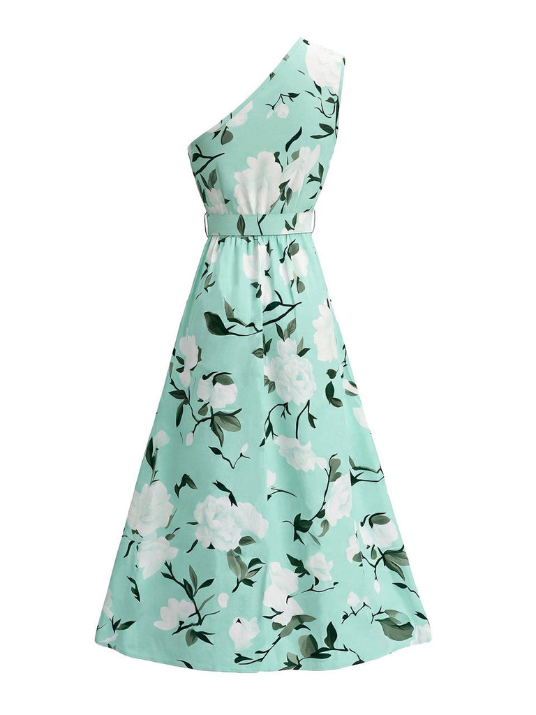 Grünes 50er Ärmelloses Kleid mit One-Shoulder und Blumen