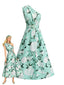 Eisgrünes 50er One-Shoulder-Kleid mit Blumenmuster