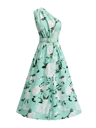 Eisgrünes 50er One-Shoulder-Kleid mit Blumenmuster