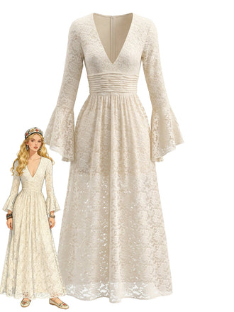 70er Maxikleid mit Glockenärmeln und geraffter Taille
