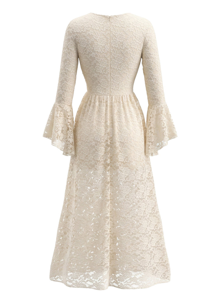 70er Maxikleid mit Glockenärmeln und geraffter Taille